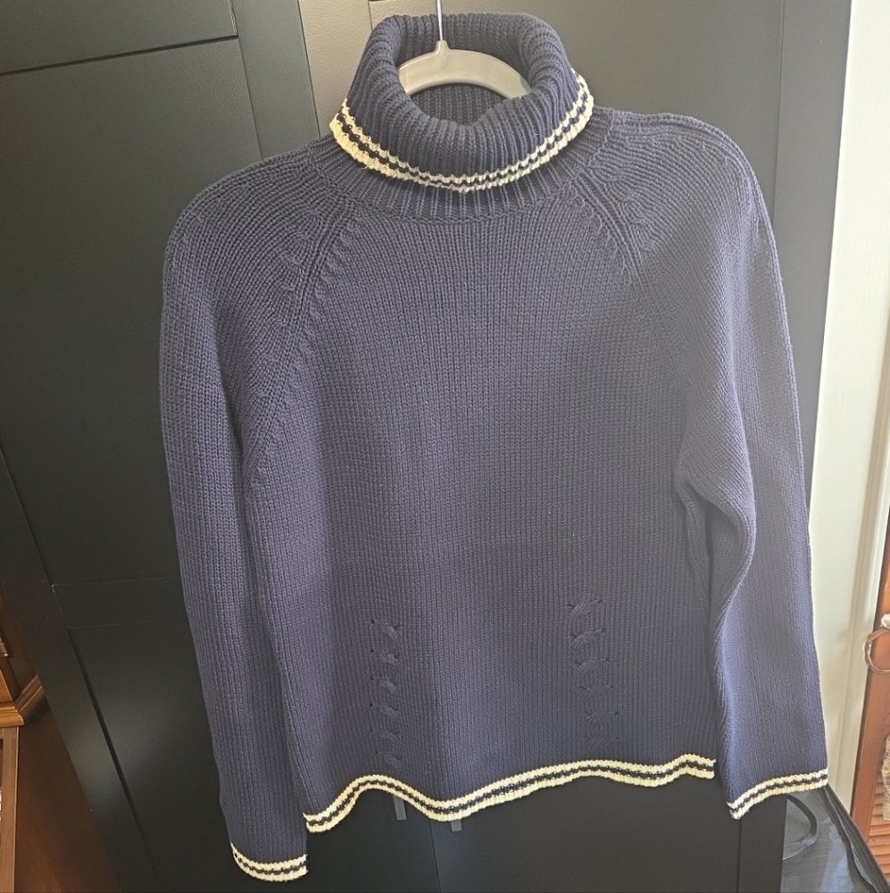Preppy Christopher & Banks Navy Turtleneck Sweater with Cream Trim Sz Medium